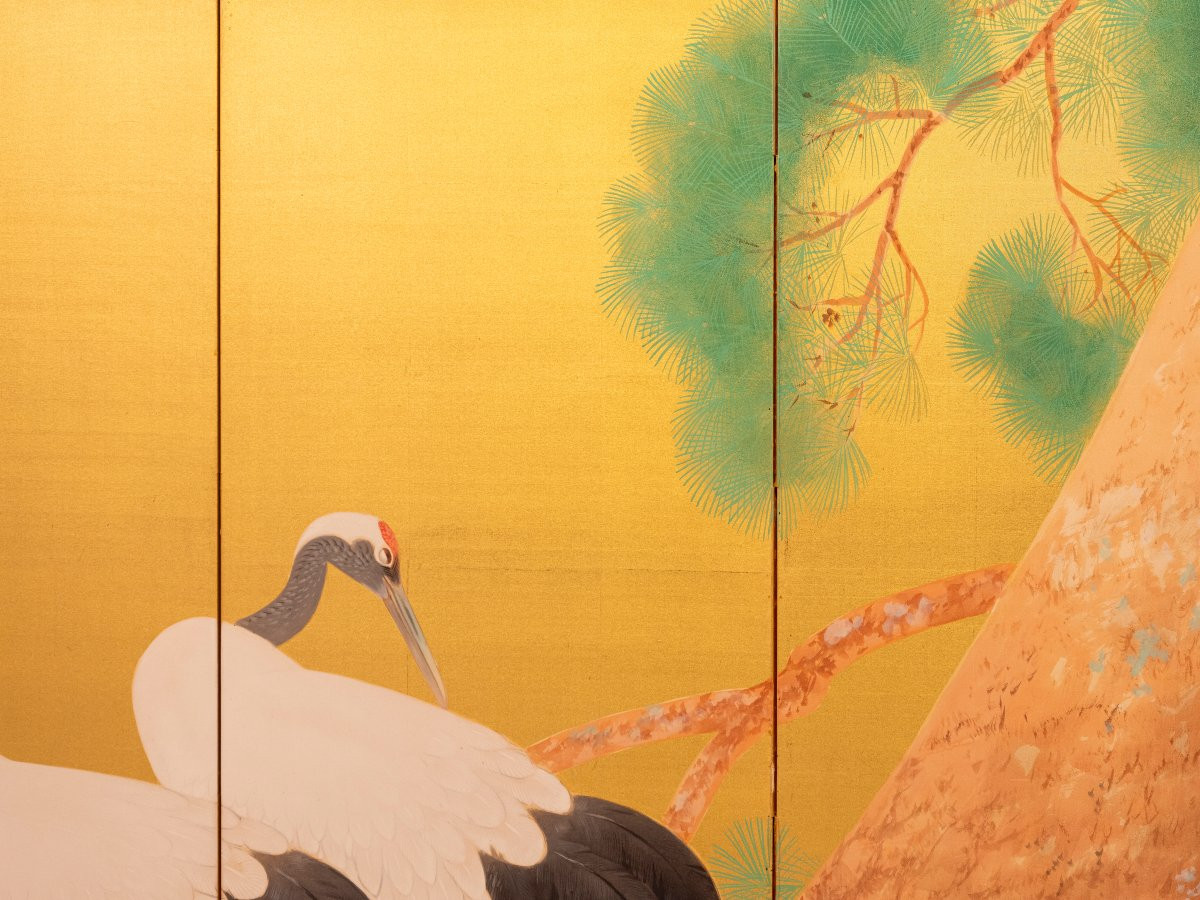 Paravento a sei pannelli con una coppia di gru della Manciuria su seta dorata-photo-2