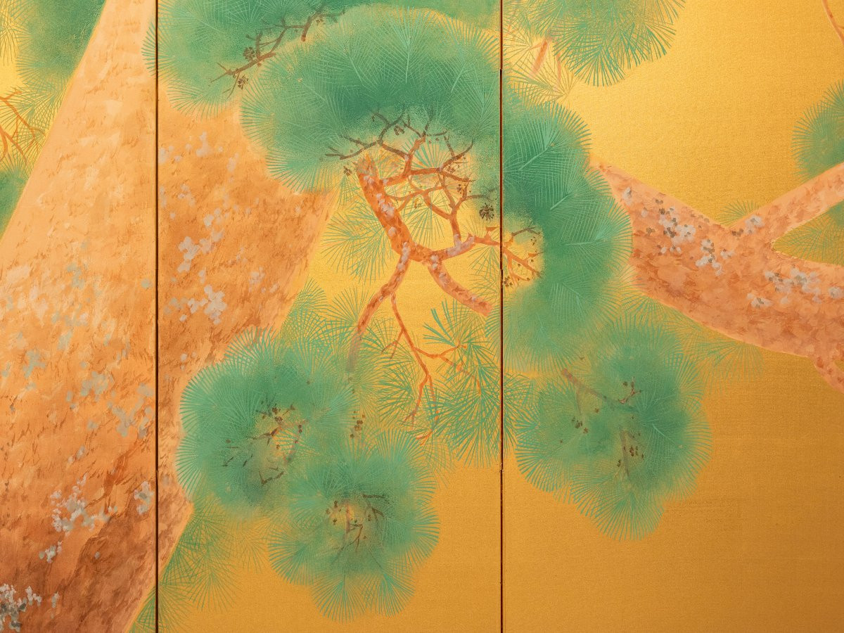 Paravento a sei pannelli con una coppia di gru della Manciuria su seta dorata-photo-3