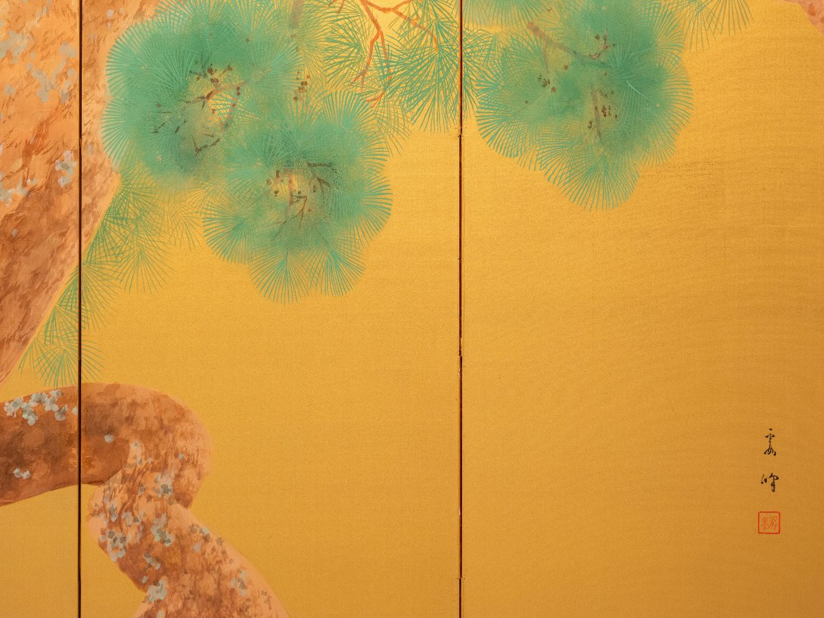 Paravento a sei pannelli con una coppia di gru della Manciuria su seta dorata-photo-4