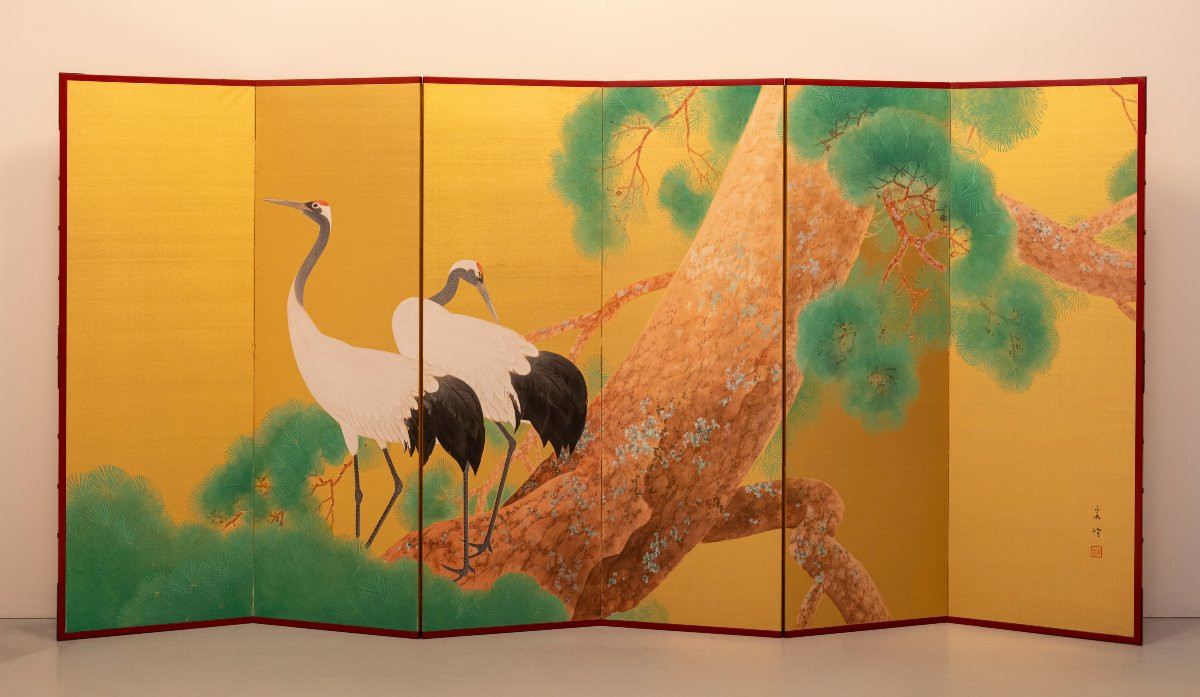 Paravento a sei pannelli con una coppia di gru della Manciuria su seta dorata-photo-5