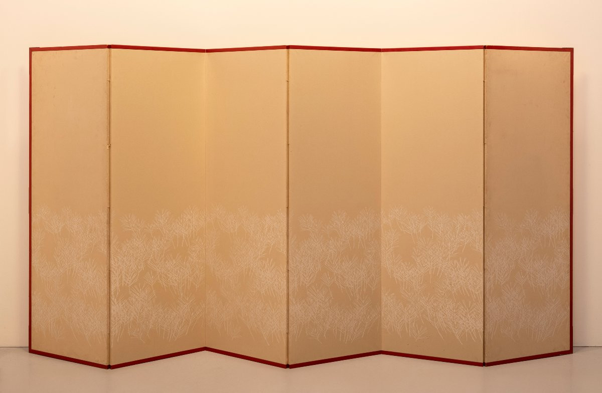 Paravento a sei pannelli con una coppia di gru della Manciuria su seta dorata-photo-7