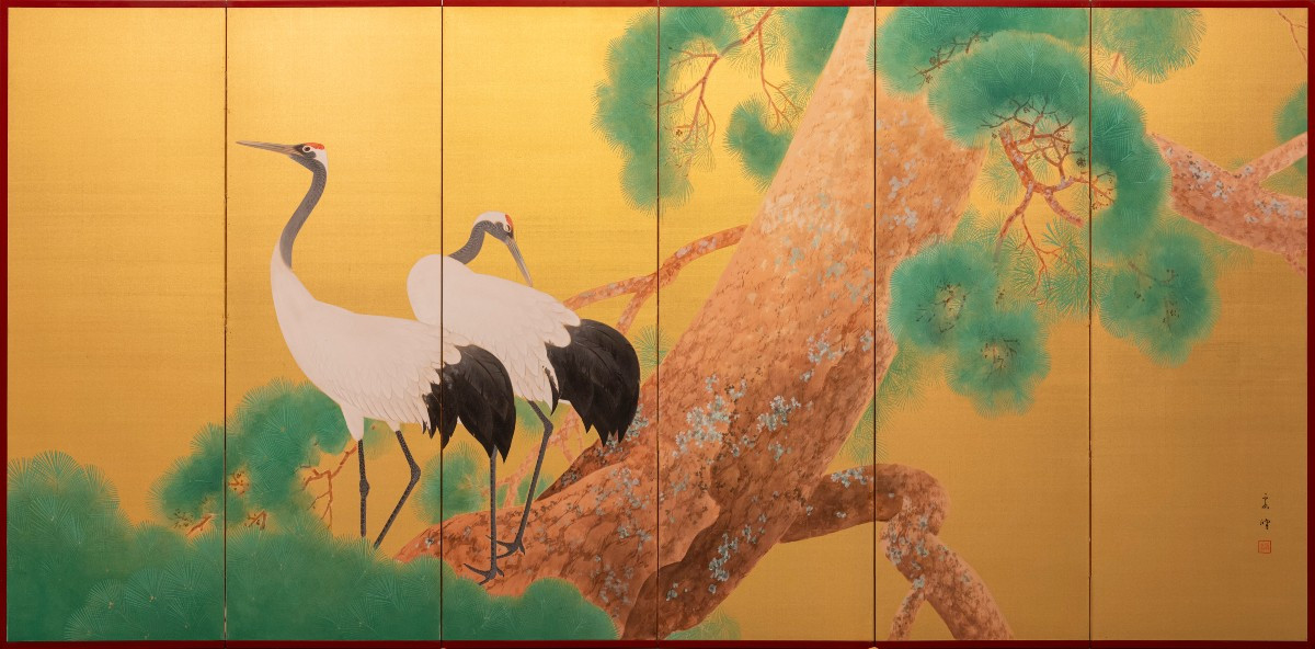 Paravento a sei pannelli con una coppia di gru della Manciuria su seta dorata