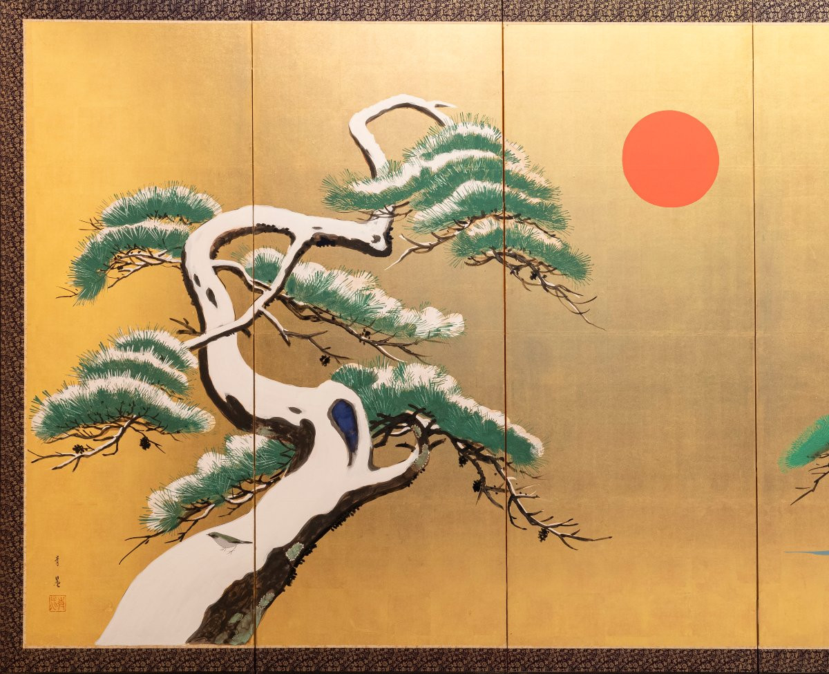 Paravento a sei pannelli con pini sotto il sole rosso-photo-2