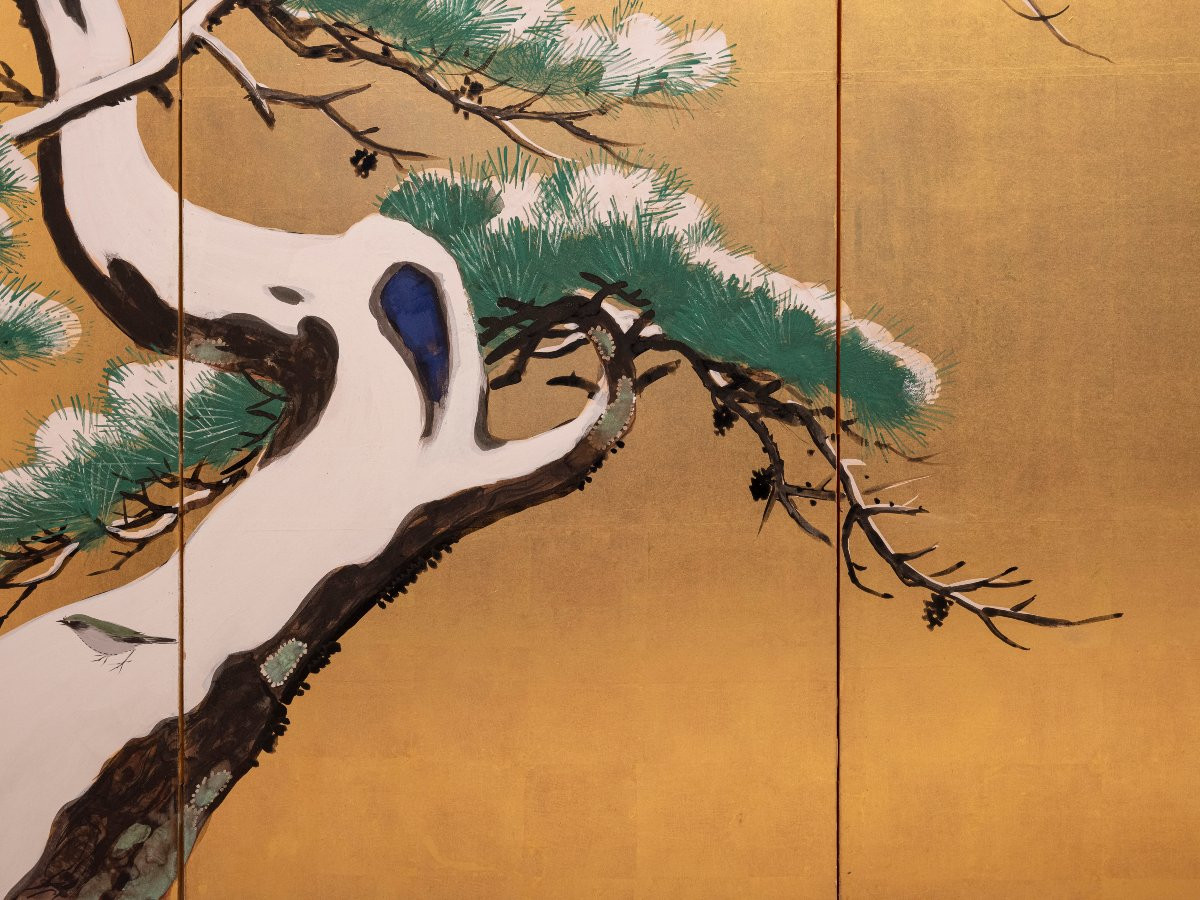 Paravento a sei pannelli con pini sotto il sole rosso-photo-2