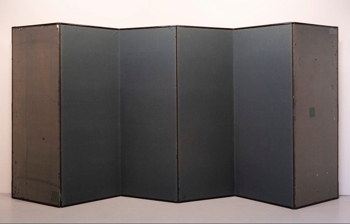 Paravento a sei pannelli con pini sotto il sole rosso-photo-8