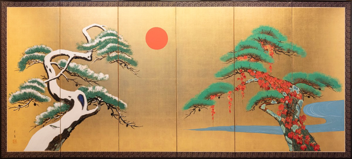 Paravento a sei pannelli con pini sotto il sole rosso