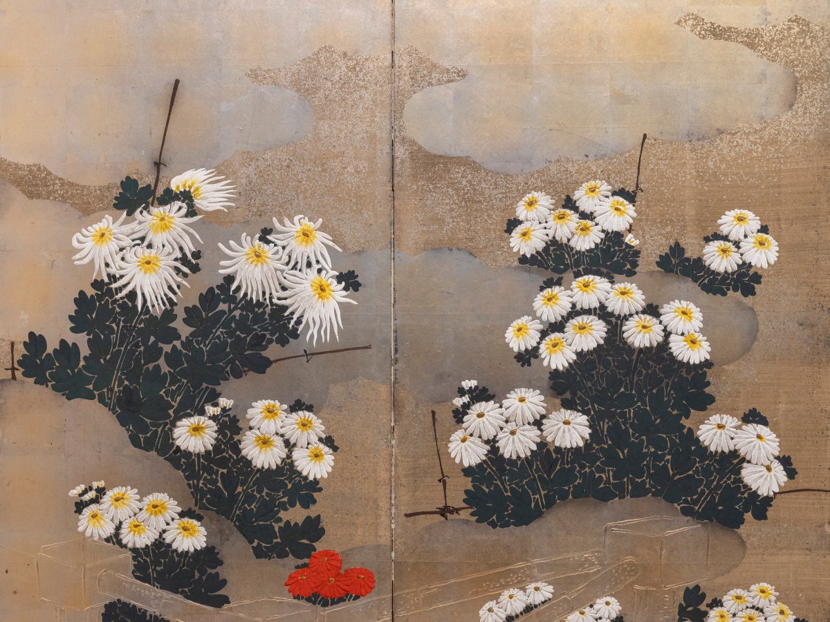 Paravento a sei pannelli in carta raffigurante un giardino di crisantemi-photo-4