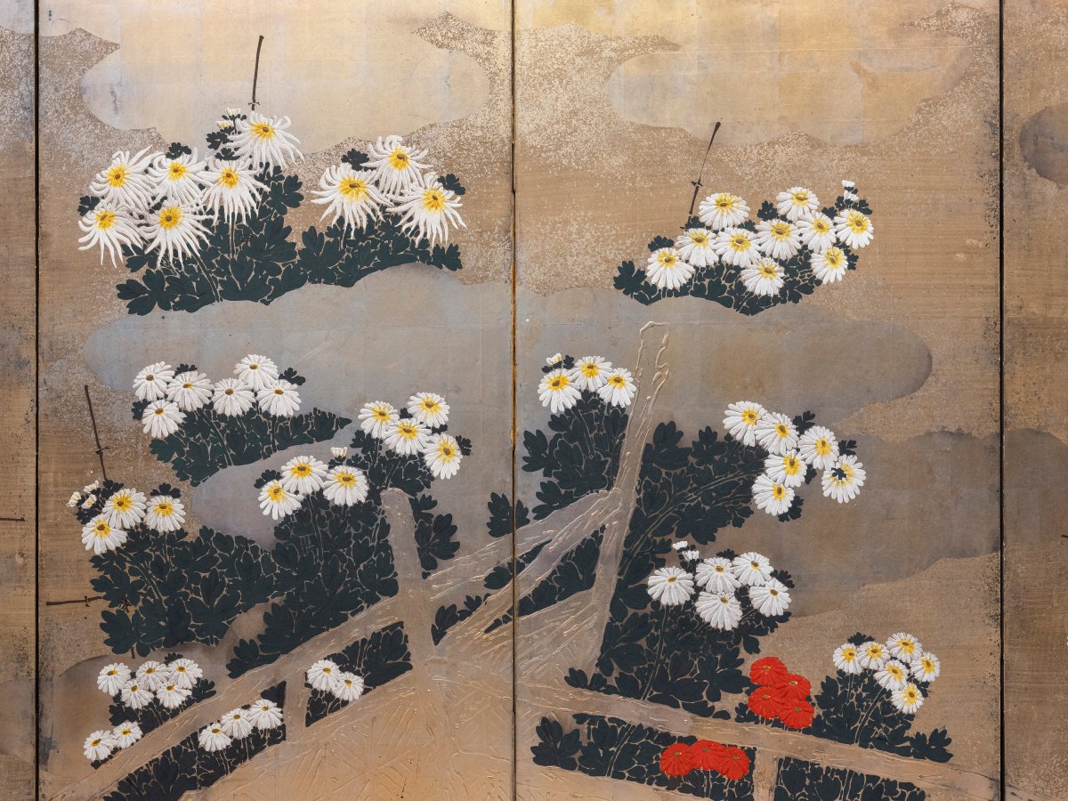 Paravento a sei pannelli in carta raffigurante un giardino di crisantemi-photo-1