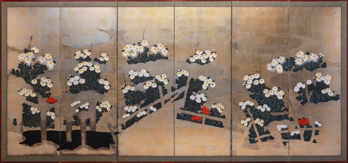 Paravento a sei pannelli in carta raffigurante un giardino di crisantemi