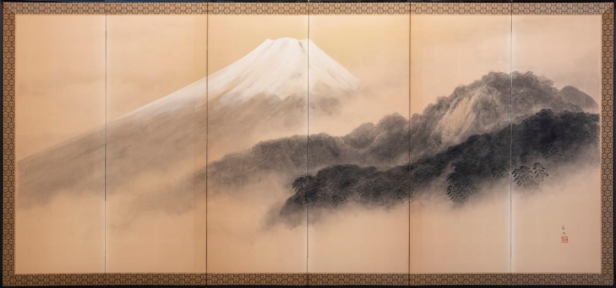 Paravento a sei pannelli in carta raffigurante il Monte Fuji avvolto nella nebbia