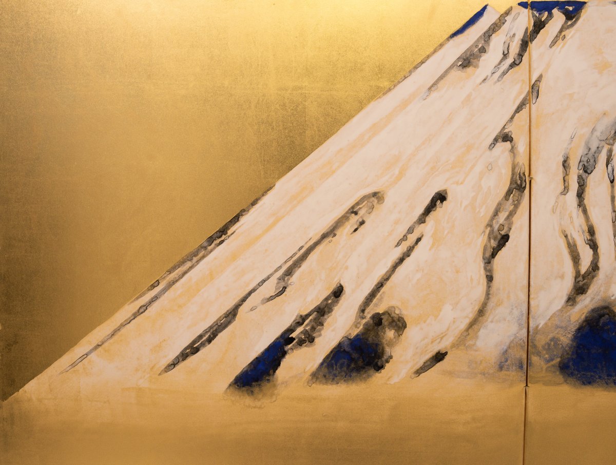 Paravento pieghevole a due ante su foglia d’oro raffigurante il monte Fuji innevato-photo-3