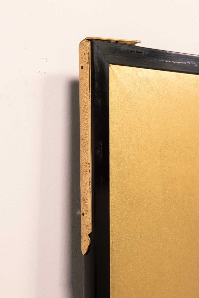 Paravento pieghevole a due ante su foglia d’oro raffigurante il monte Fuji innevato-photo-1