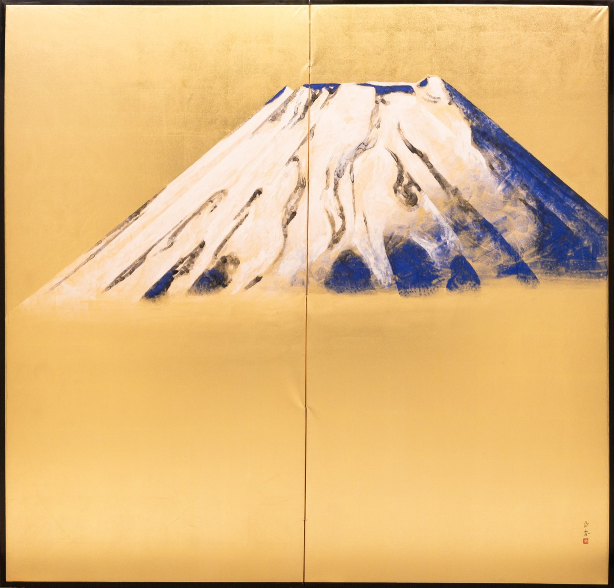 Paravento pieghevole a due ante su foglia d’oro raffigurante il monte Fuji innevato