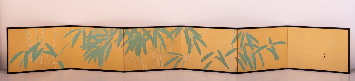 Coppia di paraventi pieghevoli giapponesi in seta a sei pannelli-photo-2