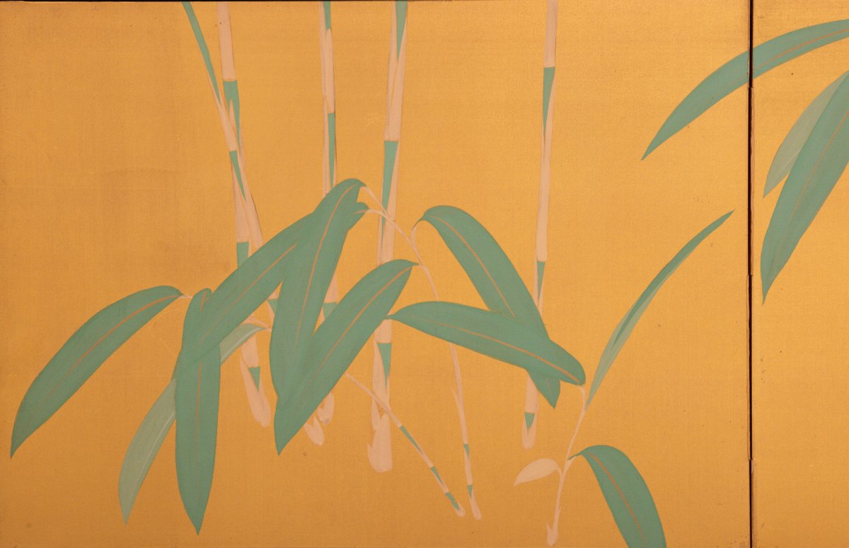 Coppia di paraventi pieghevoli giapponesi in seta a sei pannelli-photo-1