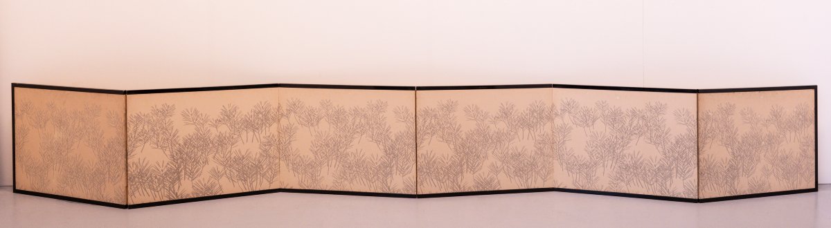 Coppia di paraventi pieghevoli giapponesi in seta a sei pannelli-photo-7