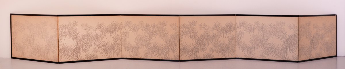 Coppia di paraventi pieghevoli giapponesi in seta a sei pannelli-photo-8