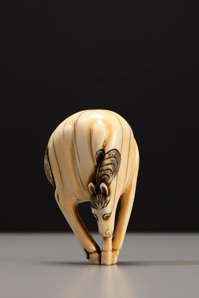 Netsuke in avorio raffigurante un cavallo con il capo abbassato e le zampe unite
