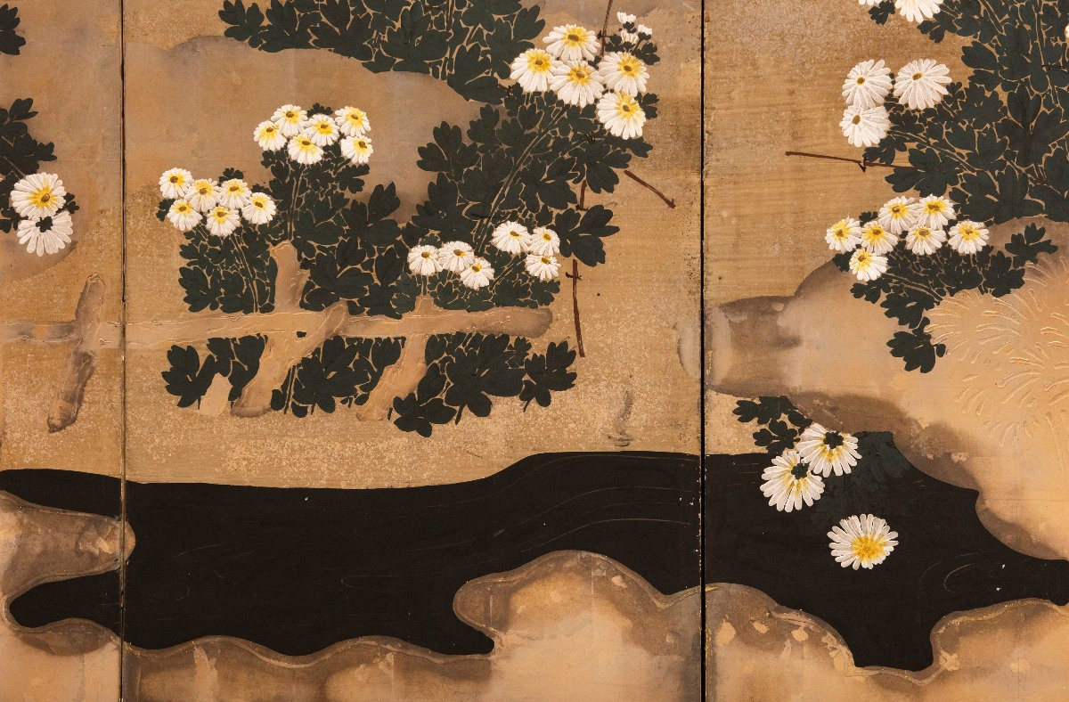 Paravento a sei pannelli in carta raffigurante un giardino di crisantemi-photo-3