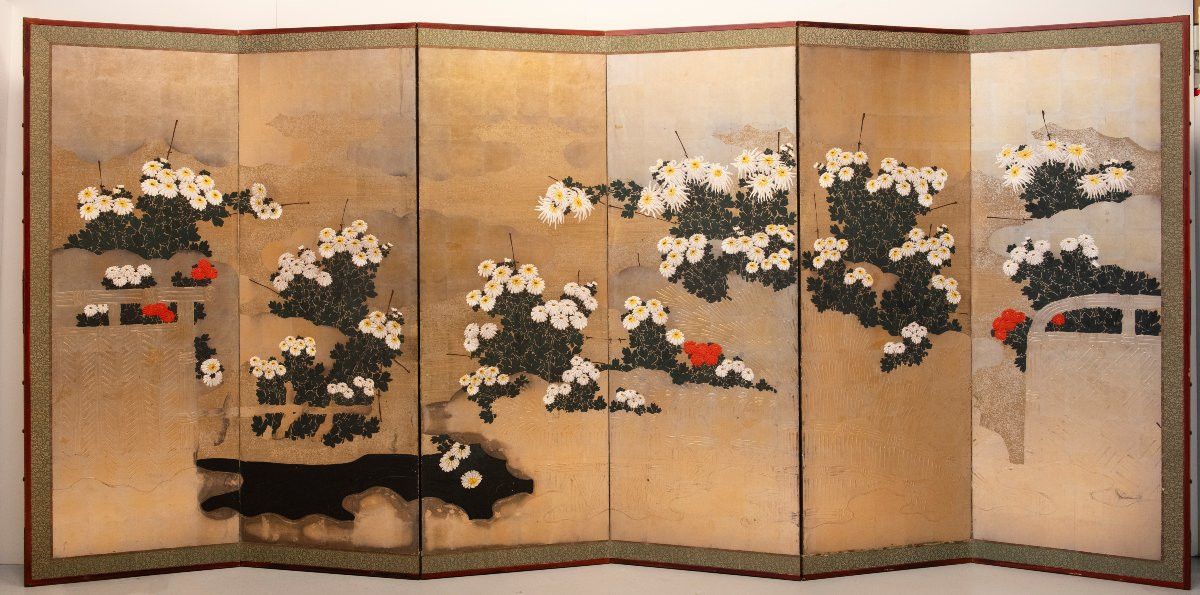 Paravento a sei pannelli in carta raffigurante un giardino di crisantemi-photo-6