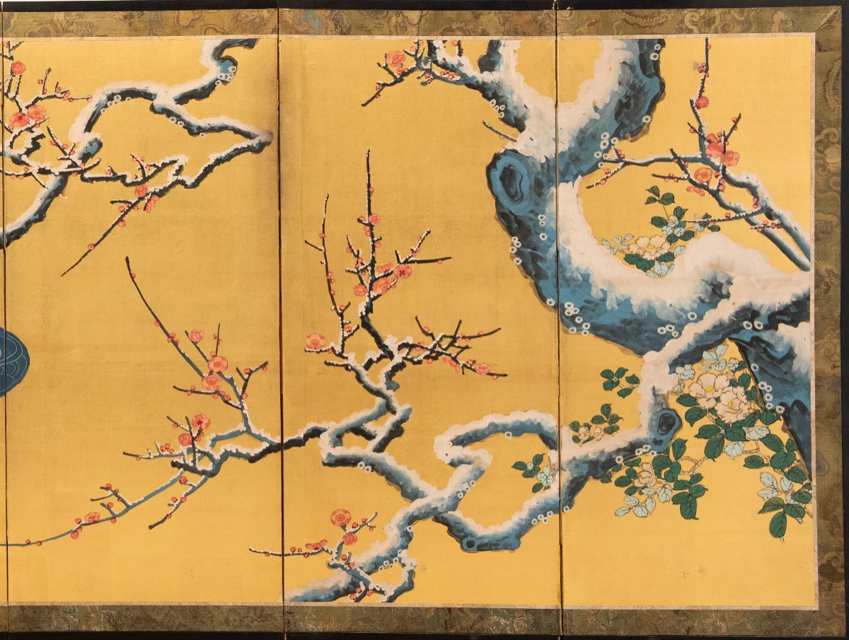 Paravento a sei pannelli raffigurante due anatre mandarine sotto rami di pruno innevati-photo-3