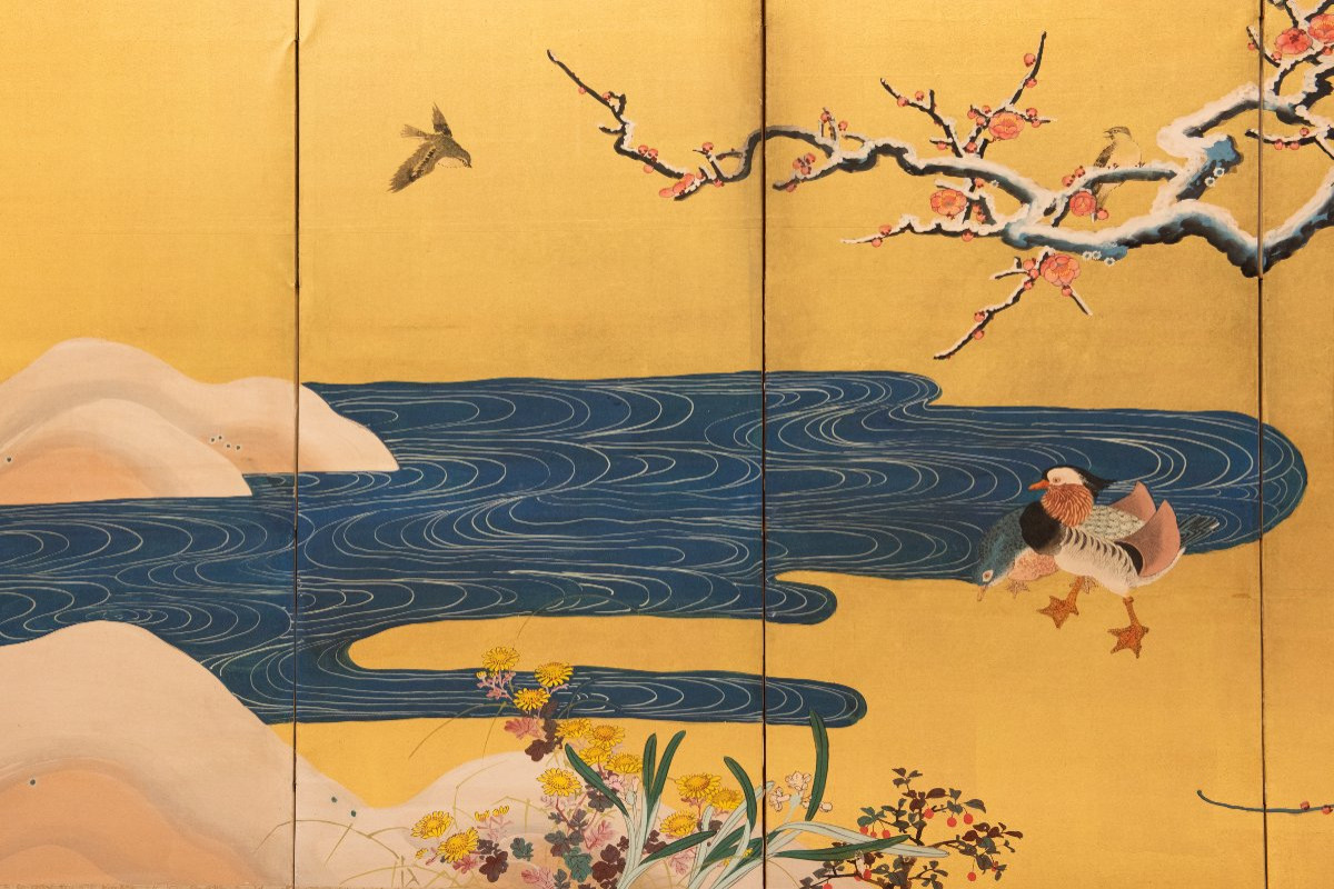 Paravento a sei pannelli raffigurante due anatre mandarine sotto rami di pruno innevati-photo-4