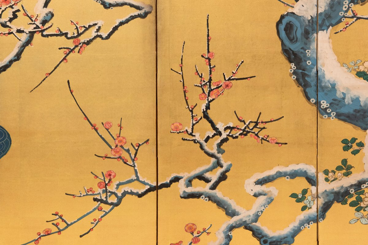 Paravento a sei pannelli raffigurante due anatre mandarine sotto rami di pruno innevati-photo-2