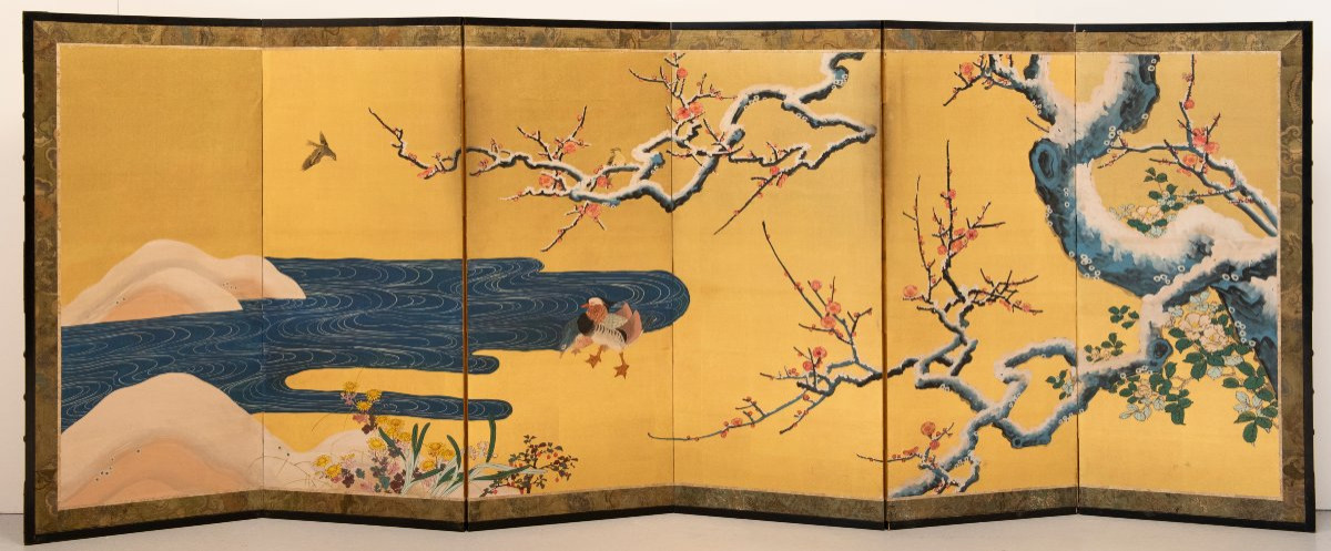 Paravento a sei pannelli raffigurante due anatre mandarine sotto rami di pruno innevati-photo-4