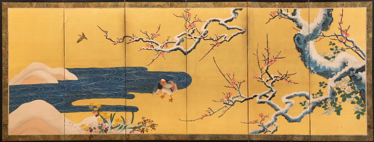 Paravento a sei pannelli raffigurante due anatre mandarine sotto rami di pruno innevati