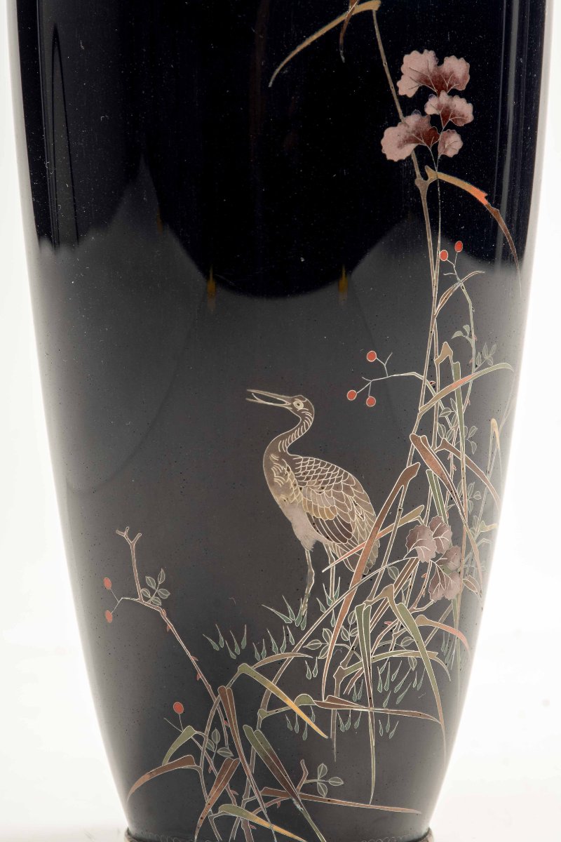 Vaso cloisonné decorato con una gru lungo le rive di un corso d’acqua-photo-4