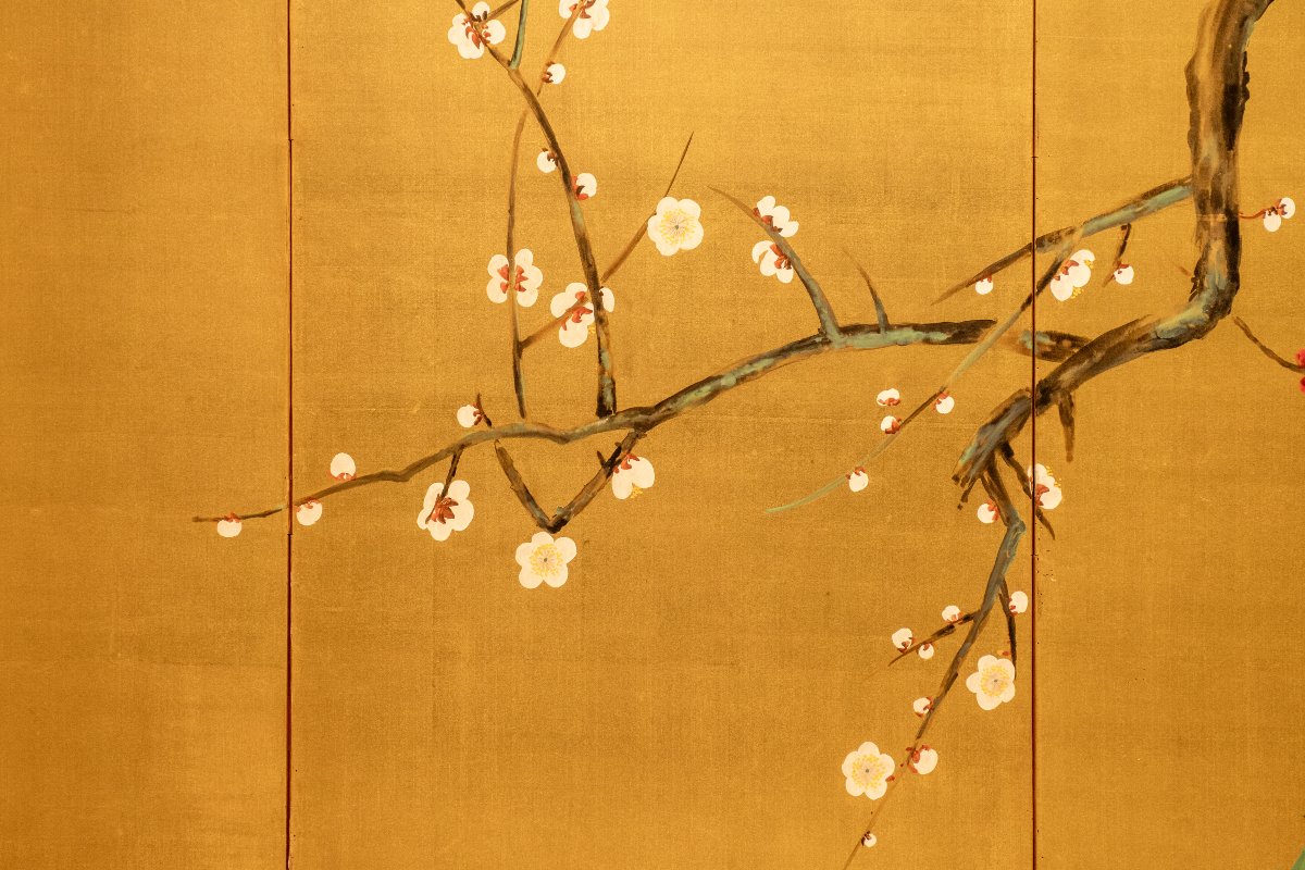 Paravento a sei pannelli dipinto su seta raffigurante un giardino primaverile-photo-4