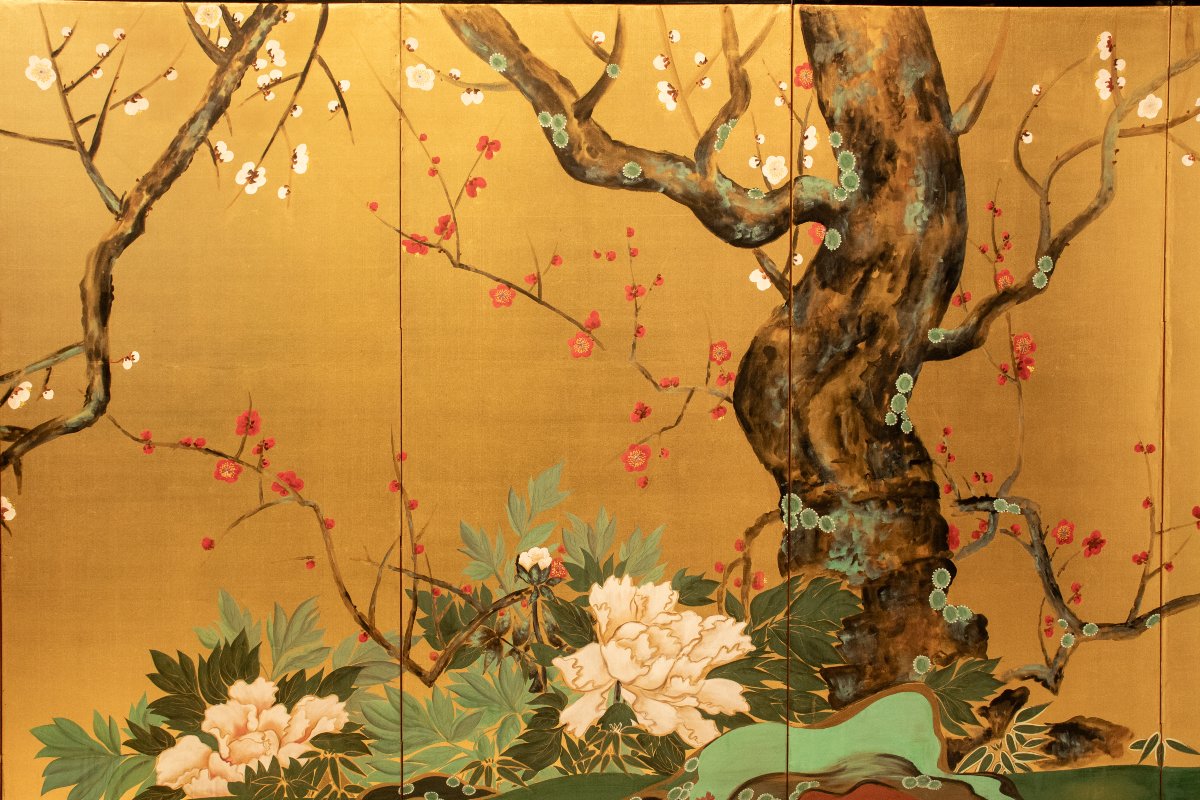 Paravento a sei pannelli dipinto su seta raffigurante un giardino primaverile-photo-2