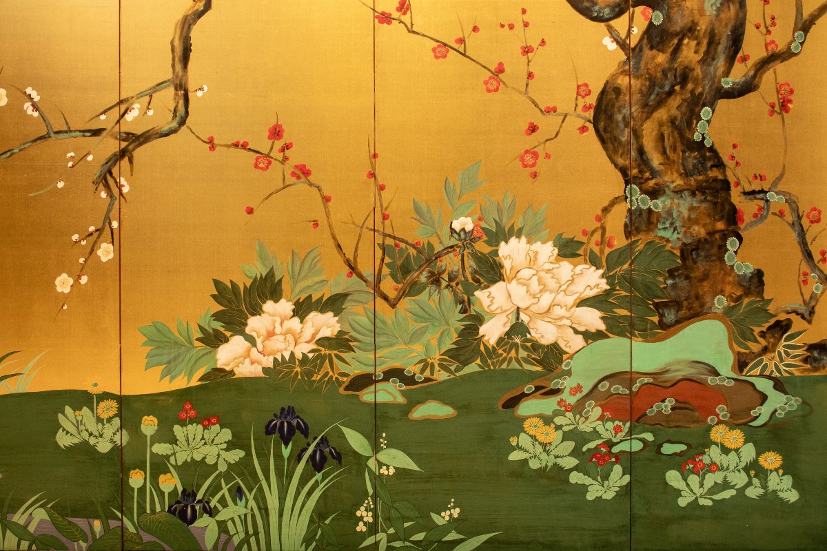 Paravento a sei pannelli dipinto su seta raffigurante un giardino primaverile-photo-3