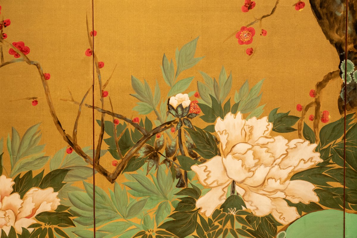 Paravento a sei pannelli dipinto su seta raffigurante un giardino primaverile-photo-4