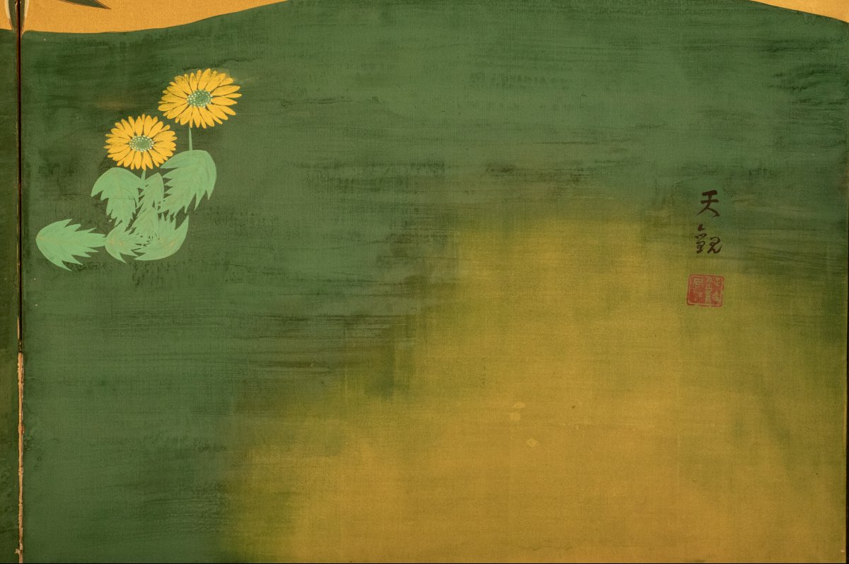 Paravento a sei pannelli dipinto su seta raffigurante un giardino primaverile-photo-5