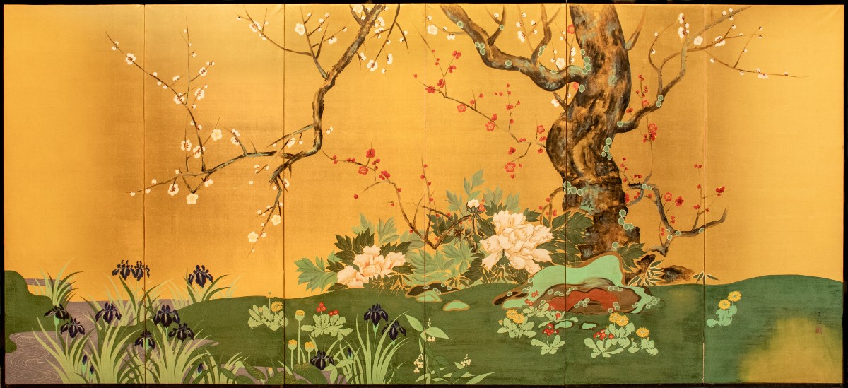 Paravento a sei pannelli dipinto su seta raffigurante un giardino primaverile