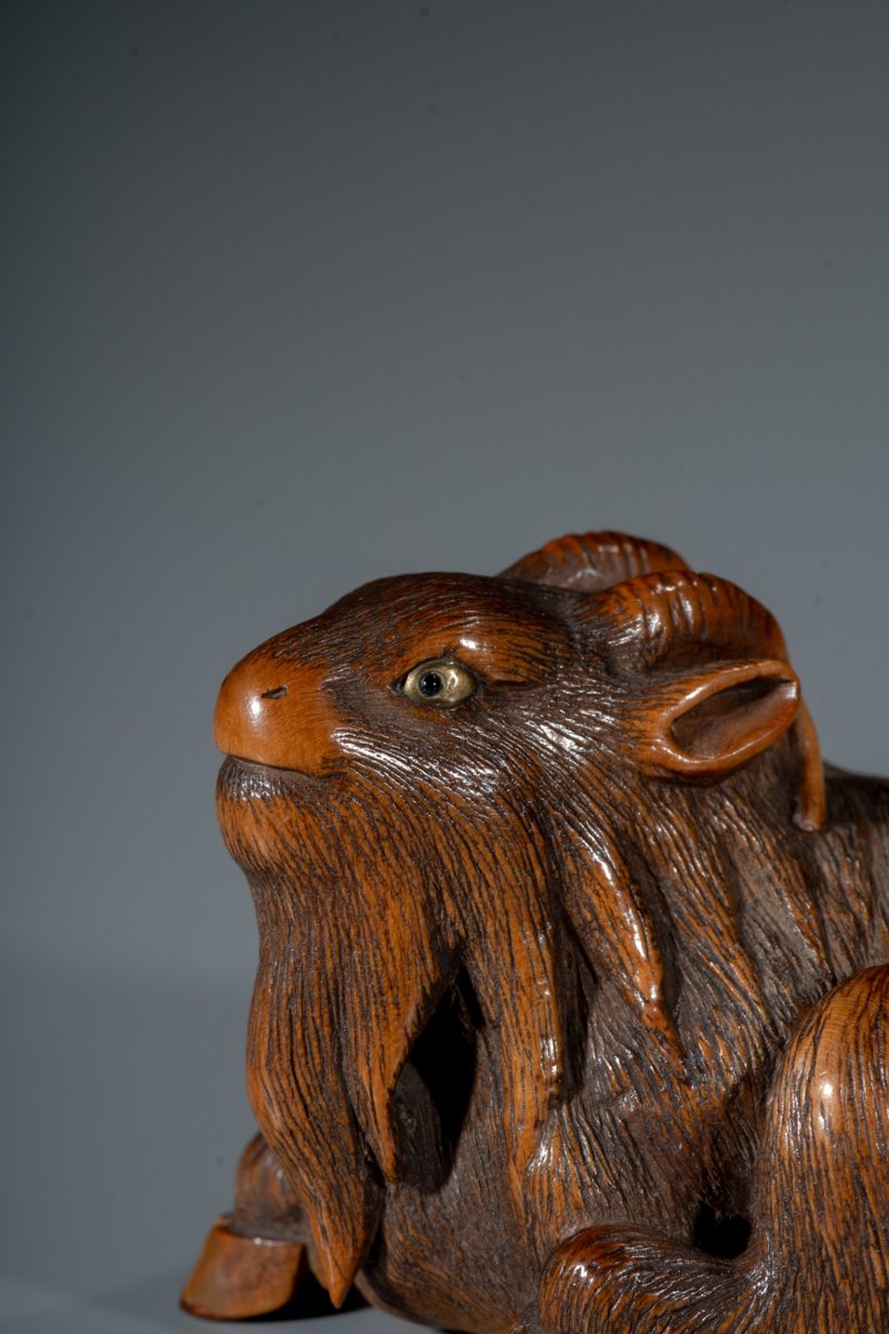 Netsuke in legno di bosso raffigurante una capra, firmato Masanao-photo-4