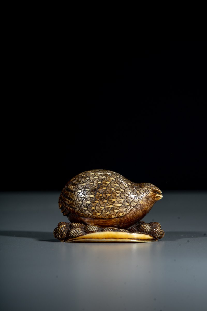 Netsuke in avorio raffigurante una quaglia con miglio, firmato Masakazu-photo-2