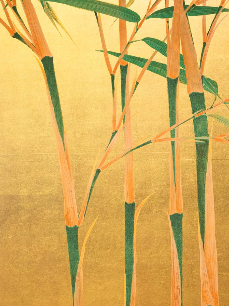 Paravento pieghevole a due ante con piante di bambù su foglia oro-photo-3