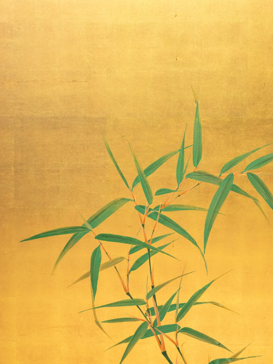 Paravento pieghevole a due ante con piante di bambù su foglia oro-photo-2