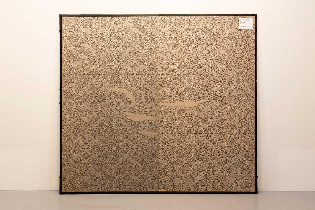 Paravento pieghevole a due ante con piante di bambù su foglia oro-photo-8