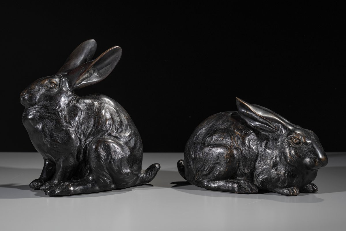 Coppia di conigli in bronzo a patina scura, firmato Juzan-photo-4