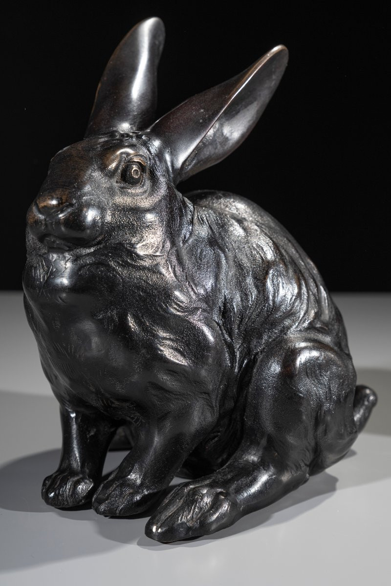 Coppia di conigli in bronzo a patina scura, firmato Juzan-photo-2
