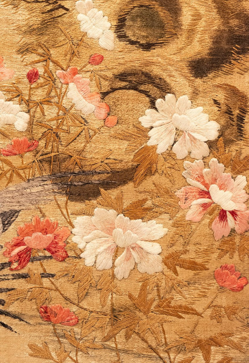 Arazzo in seta raffigurante un paesaggio con uccelli in volo-photo-3