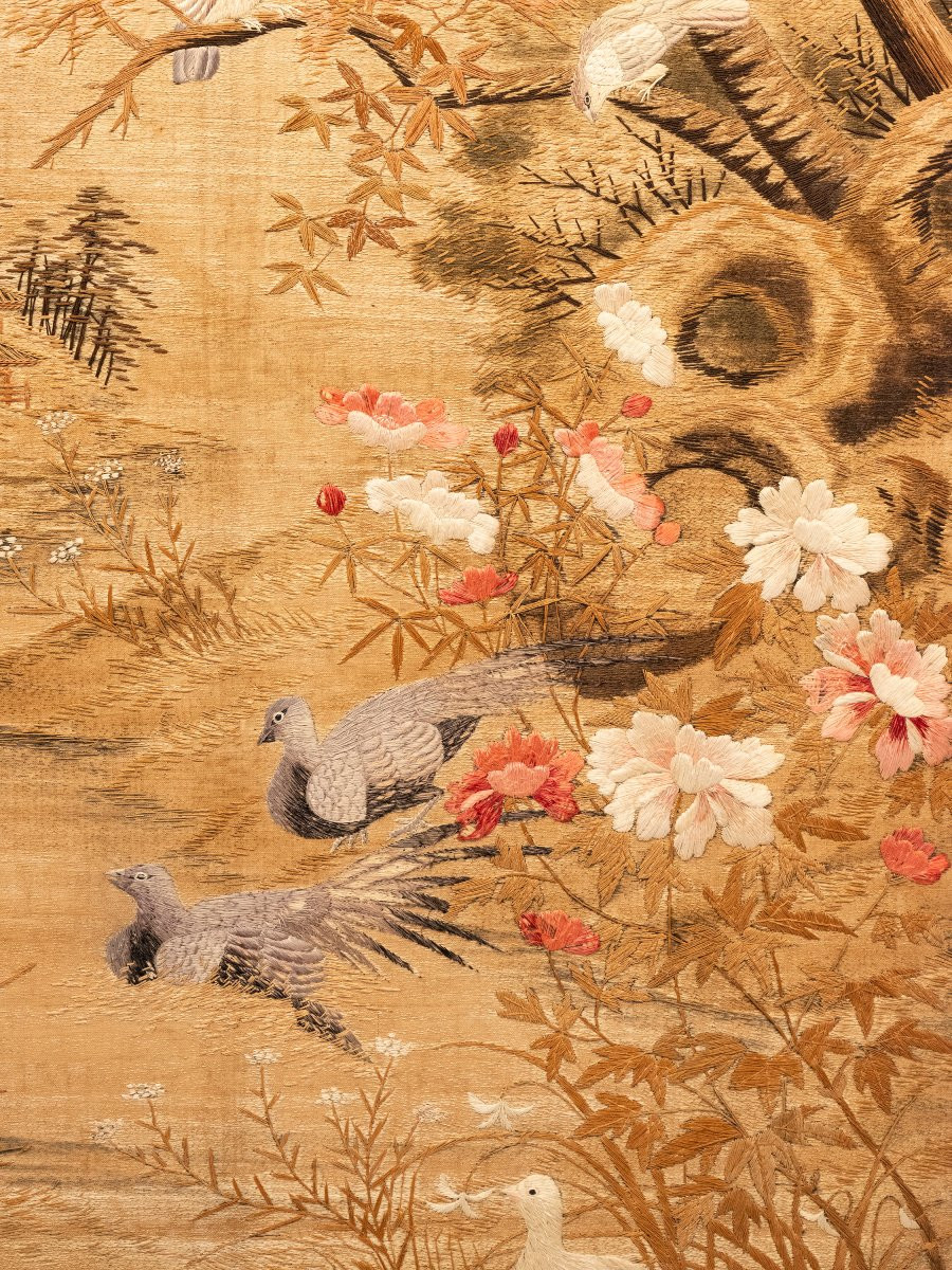 Arazzo in seta raffigurante un paesaggio con uccelli in volo-photo-4