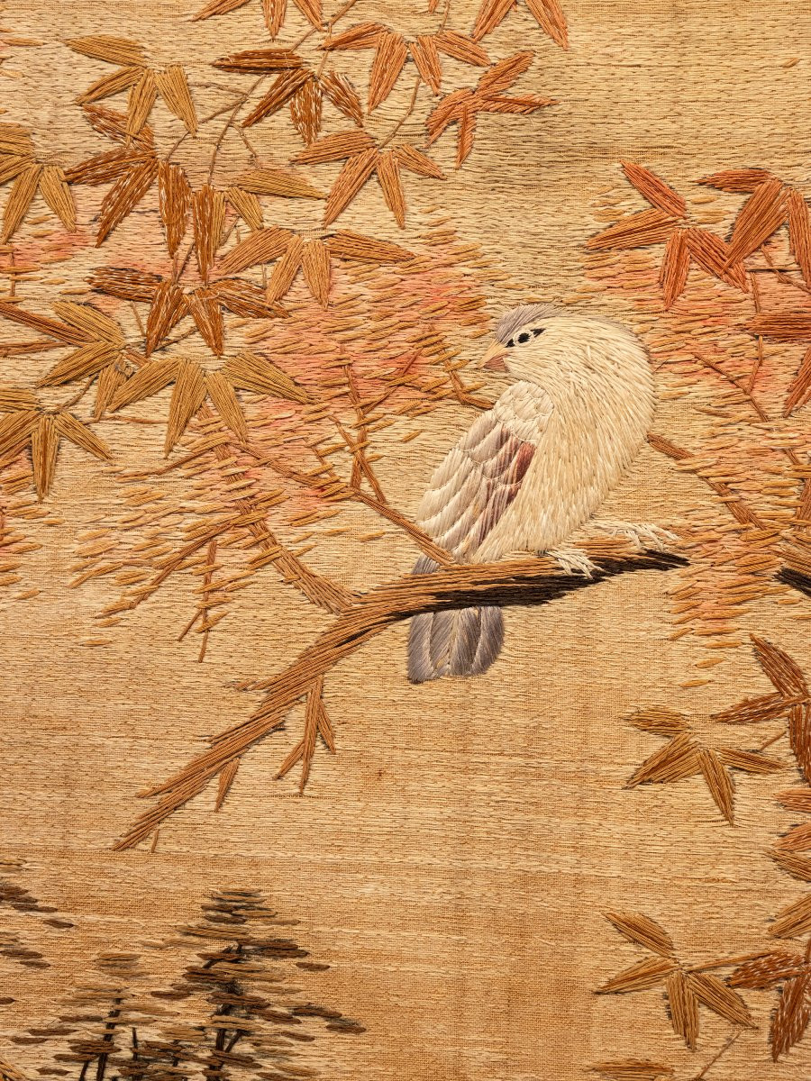 Arazzo in seta raffigurante un paesaggio con uccelli in volo-photo-4