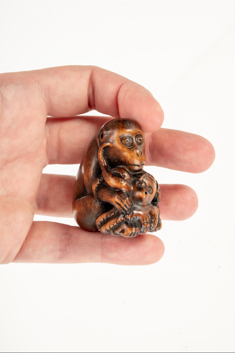 Netsuke in legno di bosso raffigurante una scimmia con polpo-photo-4