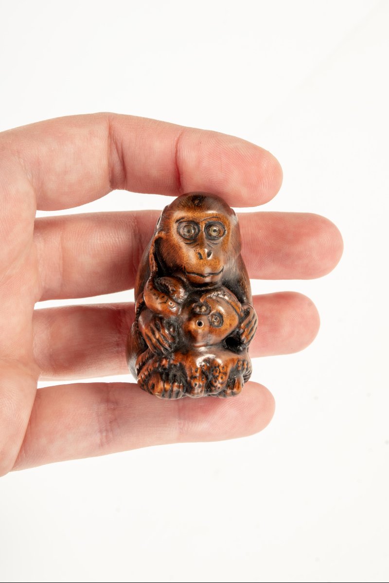 Netsuke in legno di bosso raffigurante una scimmia con polpo-photo-1