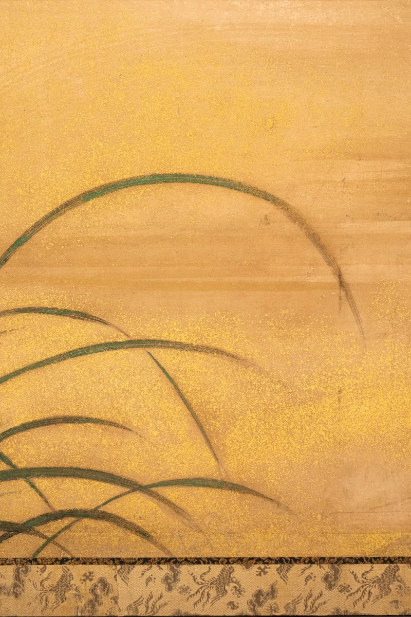 Paravento pieghevole a due pannelli con cervi su fondo dorato-photo-2