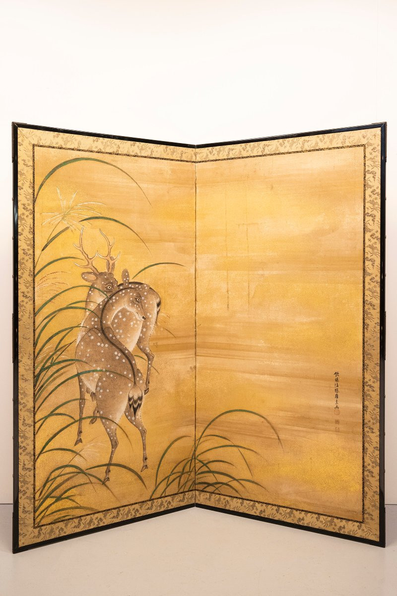 Paravento pieghevole a due pannelli con cervi su fondo dorato-photo-4